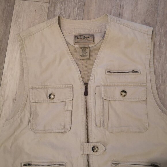 LL BEAN Vest Mens L Utility Safari Tactical Fishing Full Zip Canvas Cotton Tan - Picture 2 of 13